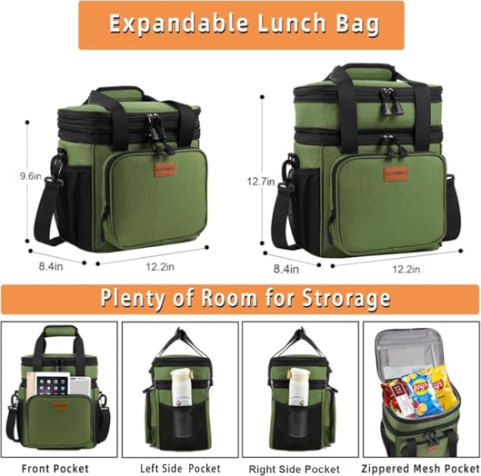 Expandable XLarge Lunch Box, Insulated Heavy Duty Lunch Bag Waterproof Leakproof Durable Cooler Bag for Men Women Adults Work Construction Camping Trip, 22L, Army Green