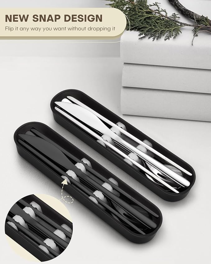 Travel Utensils with Case, PHILIPALA 2 Sets 18/8 Stainless Steel Reusable Utensils Set with Case, Travel Cutlery Set with Knife Fork and Spoon Chopsticks Set for Lunch Work Camping(Black, Sliver)