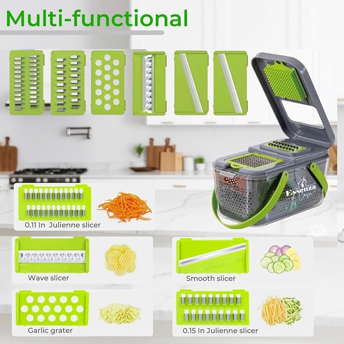 Vegetable Chopper 12-in-1 – Multifunctional Veggie Slicer Cutter Dicer with Container, Hand Guard & Draining Basket – Grey Food Chopper for Fast, Safe & Precise Vegetable Prep