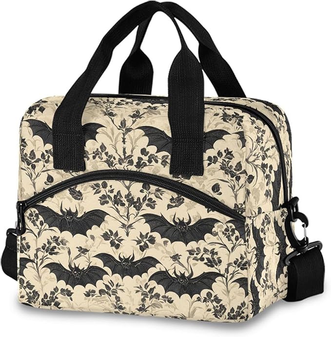 MNSRUU Insulated Lunch Bag Bats and Flowers Vintage Women Men Fabric Dinner Tote Cooler Bag Reusable Leakproof Lunch Box with Adjustable Shoulder Handles Strap For Work School