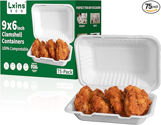 LxinsECO 9X6 Inch Clamshell Containers (75-pack), Disposable Compostable Bagasse Dessert & Sandwiches Boxes, Microwave & Freezer Safe for Restaurants, Picnic, To-Go Meals Out