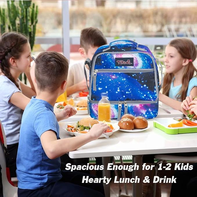 Tilami Lunch Bags Insulated Adjustable Strap Zipper, Two Compartments Cooler Bags, Bento Bags for Kids Toddlers, Galaxy
