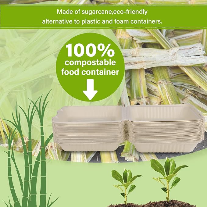 greensight Clamshell Take Out Food Container 100 Pack, 9X9 Compostable Food Container, Disposable To Go Boxes, Made From Eco-Friendly Biodegradable Sugarcane Fibers