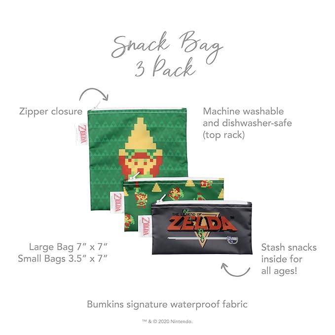 Bumkins Nintendo Reusable Sandwich and Snack Bags, for Kids School Lunch and for Adults Portion, Washable Fabric, Waterproof Cloth Zip Bag, Travel Pouch, Food-Safe Storage, 3-pk Legend of Zelda