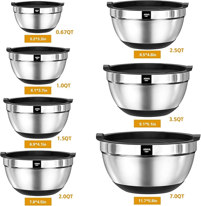 Mixing Bowls with Airtight Lids, 20 piece Stainless Steel Metal Nesting Bowls, Non-Slip Silicone Bottom, Size 7, 3.5, 2.5, 2.0,1.5, 1,0.67QT Great for Mixing, Baking, Serving (Black)