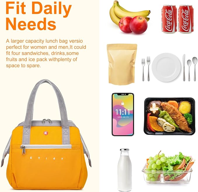 ETidy Fashionable & Lightweight Reusable Lunch Bag Large Capacity Waterproof & Leak Proof Lunch Box Insulated Cooler Lunch Tote For Women Adult To Work Travel Outdoor(Blue)