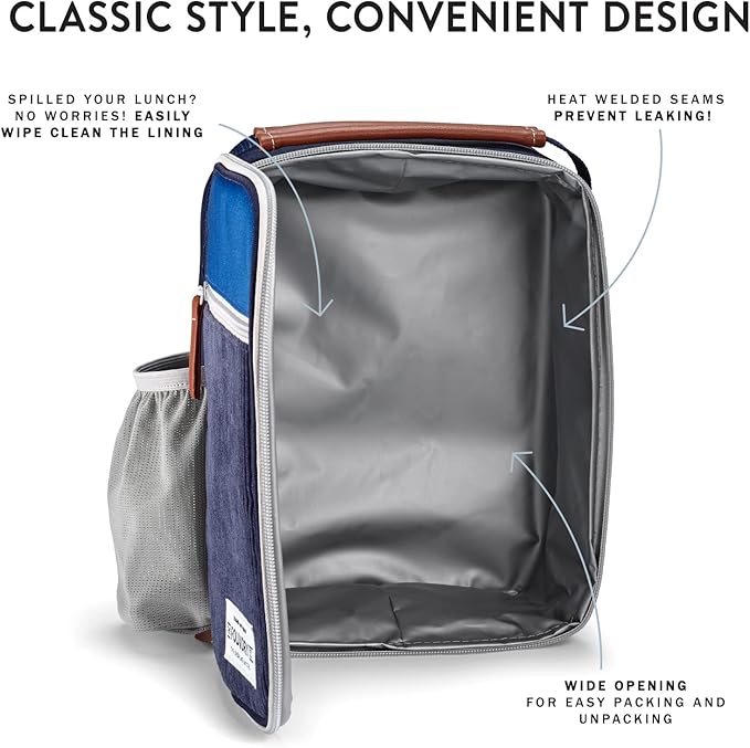 Fit & Fresh Insulated Lunch Box for Kids, Blue, Polyester, 10" x 8.25" x 4", with Side Pocket and Front Zip