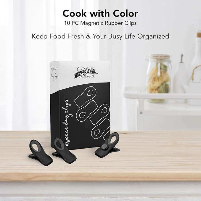 COOK WITH COLOR Bag Clips with Magnet- Food Clips, Chip Clips, Bag Clips for Food Storage with Airtight Seal Grip for Bread Bags, Snack Bags and Food Bags (Black, Pack of 20)