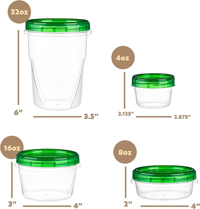 PLASTICPRO 24 Pack Twist Top Containers Assorted Sizes Plastic Food Storage Containers with Green Twist on Lids Stackable Reusable