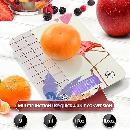 Food Scale Kitchen Digital Scale Food Ounces and Grams Dieting Baking Cooking Waterproof Glass Panels LCD Display,4 Units Scale Tare Function Flamingos
