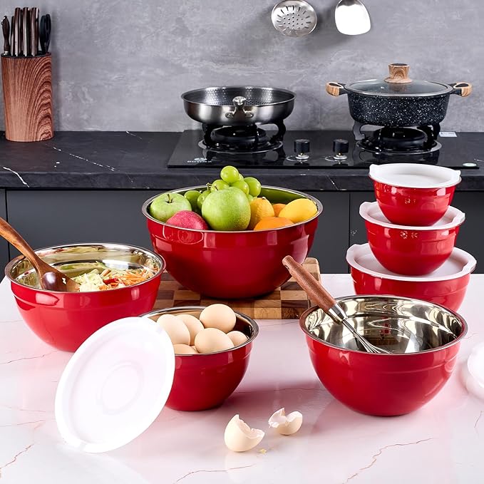 Red Mixing Bowls With Airtight Lids,Stainless Steel Bowl,Salad Bowls 7 Piece Colorful Nesting Bowl Rainbow Kitchen Accessories,Size 7,3.6,2.7,2.1,1.5,1.1,0.8QT Stackable Design