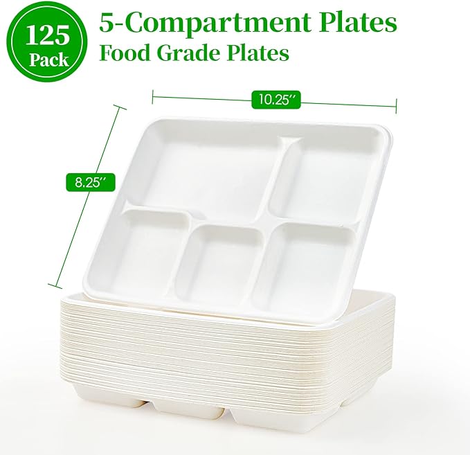 ECOLipak 100% Compostable 5 Compartment Plates, 125 Pack Disposable Paper Plates, Heavy-Duty Biodegradable Sugarcane Plates, Eco-Friendly School Lunch Trays