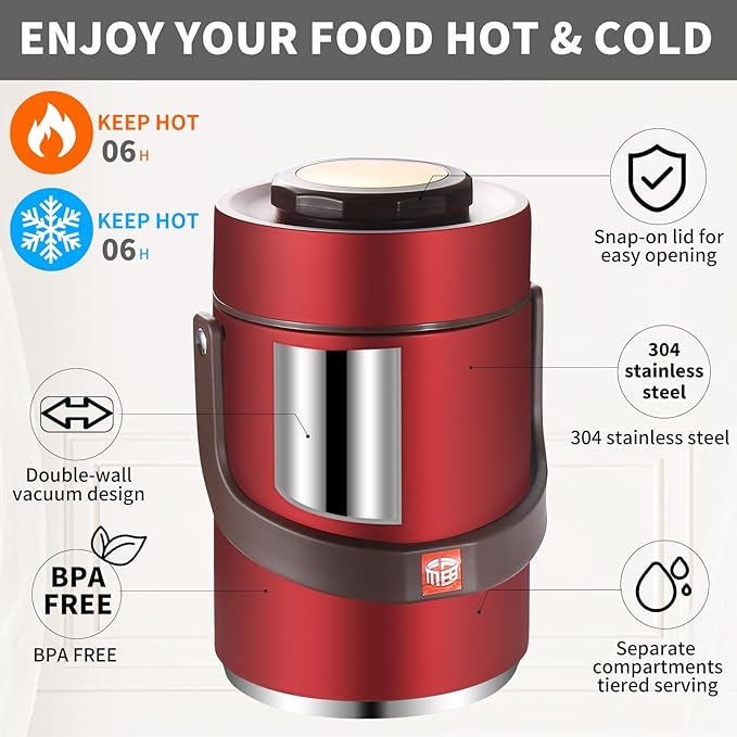 67 Oz Adults Stainless Steel Vacuum Soup Thermos For Hot Food with Inserts Stackable Bento Box and Lunch Bag,Width Mouth Portable Nsulated Food Jar Lunch Container (red, 67 oz)