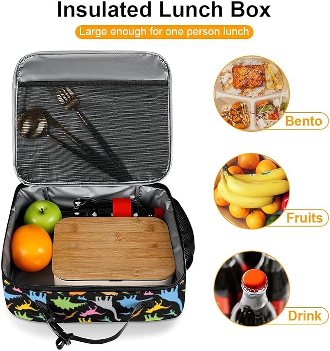 Colorful Dinosaur Reusable Lunch Box Insulated Lunch Bag Cooler Bag Lunchbox Meal Food Container Tote Bag for Women Kids Girls School Camping Hiking Picnic Beach Travel