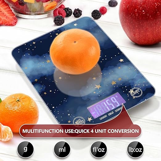 Food Scale Kitchen Digital Scale Food Ounces and Grams Dieting Baking Cooking Waterproof Glass Panels LCD Display,4 Units Scale Tare Function Gold Star Blue Night Sky