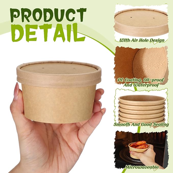 Fulmoon 100 Pack Paper Soup Containers with Lids Disposable Paper Food Containers with Vented Lids Kraft Ice Cream Bowls Soup Cup Ice Cream Cups for Restaurants(6 oz,Brown)