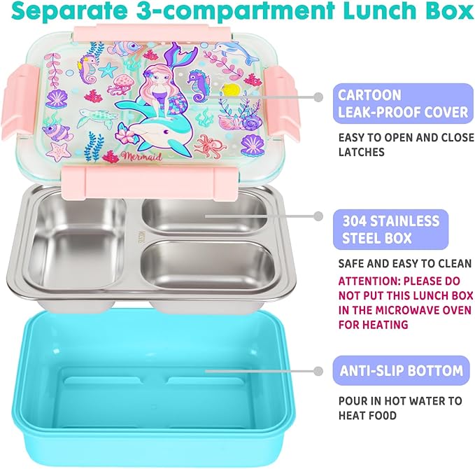 Stainless Steel Bento Lunch Box for Kids, 710ml/23.5oz BPA-Free Leak-Proof Food Containers with 3 Compartments, Back to School Students Daycare Lunches Snack Container Size for Ages 3-7