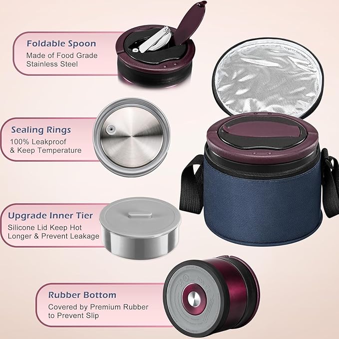 MAXSO Food Jar for Hot Food - 24 OZ Soup Thermo for Adults Vacuum Insulated Lunch Containers with Foldable Spoon & Thermal Bag, Wide Mouth Leakproof Bento Box - Burgundy