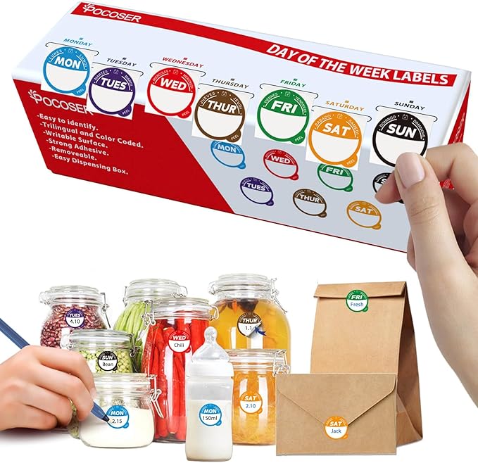 Label Stickers for Food Containers with Dispenser Box, Removable Day Dot Food Labels Peel Tab 7 Day of The Week for Home Freezer Restaurant Supplies Week Monthly Planners Meal Prep Accessory