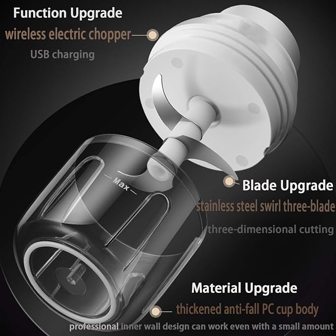 Electric Mini Food Chopper,250ML Portable Garlic Chopper with USB Charging Function, Mini Food Slicer for Onion Vegetables Chili Ginger Meat Nuts Fruits Salad (White)
