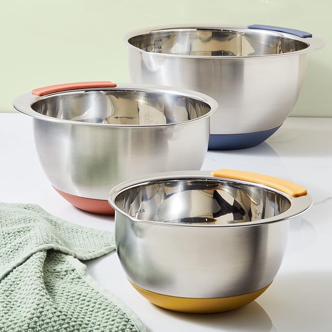 Ayesha Curry Kitchenware Pantryware Stainless Steel Nesting Mixing Bowls, 3-Piece Set, Silver with Color Accent Handles