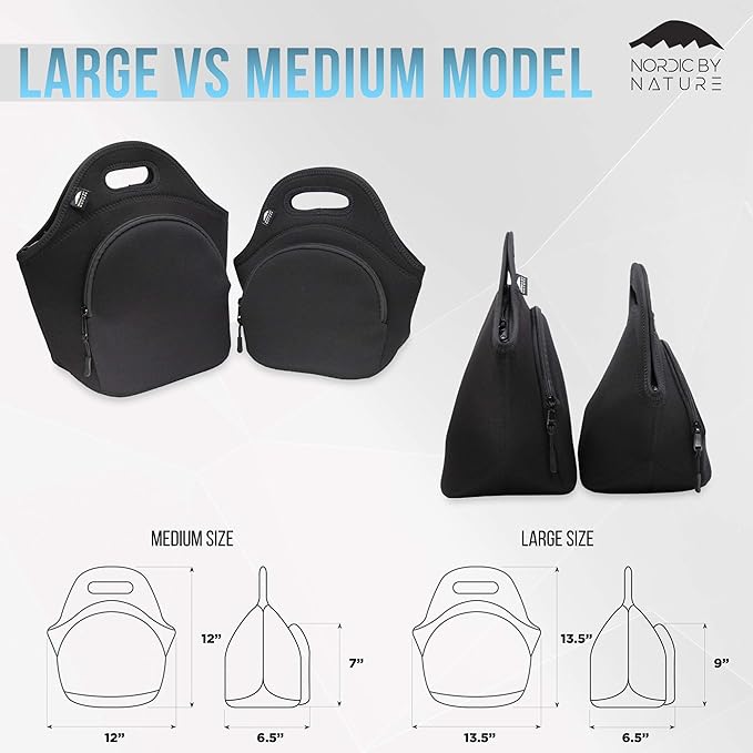 Nordic By Nature Lunch Bags For Women & Lunch Boxes For Kids Premium Insulated Lunch Box Extra Thick Neoprene, Soft Cotton Feel, Premium Stitching, Outside Pocket, Washable (M) Black