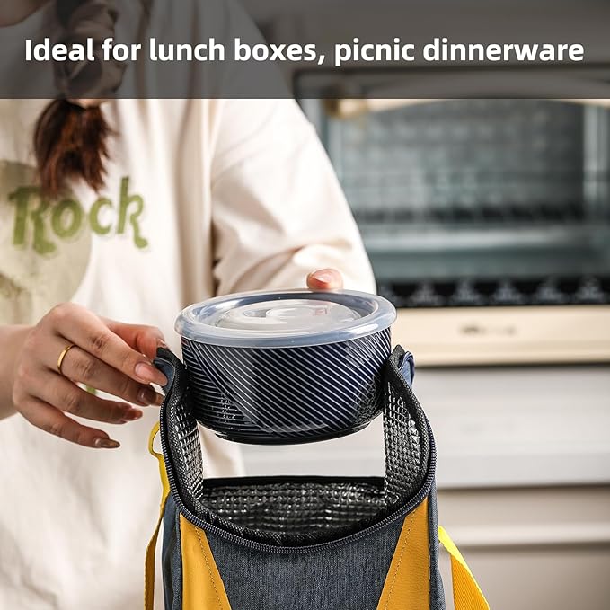 Ceramic Nesting Bowls with Lid: Microwave Safe Food Storage Containers for Work Lunch Picnic Camping Meal Prep Soup Salad Cereal Leftovers - 5 & 6 Inch, 20 & 32 oz, Set of 2, Navy