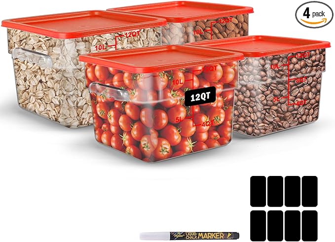 12Qt NSF Food Storage Containers with Lid - 4pcs Food Grade/Heat Resistant/Freezer Safe/Clear Square Large Food Storage Containers Set with Scale Handles for Restaurant Kitchen Pizza Cereal, w/ Labels