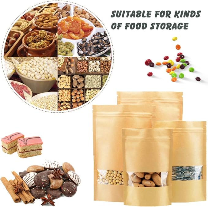 100 Pcs Resealable Stand Up kraft Paper Bags with Window for Packaging Products, Reusable Zip Lock Food Storage Pouch Bags (4.7" x 7.9")