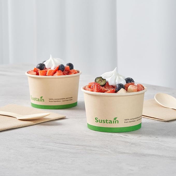 Restaurantware-Sustain 5 Ounce Paper Soup Containers, 50 Disposable Ice Cream Cups - Lids Sold Separately, With PLA lining, Bamboo To Go Hot Soup Bowls, Compostable, Greaseproof