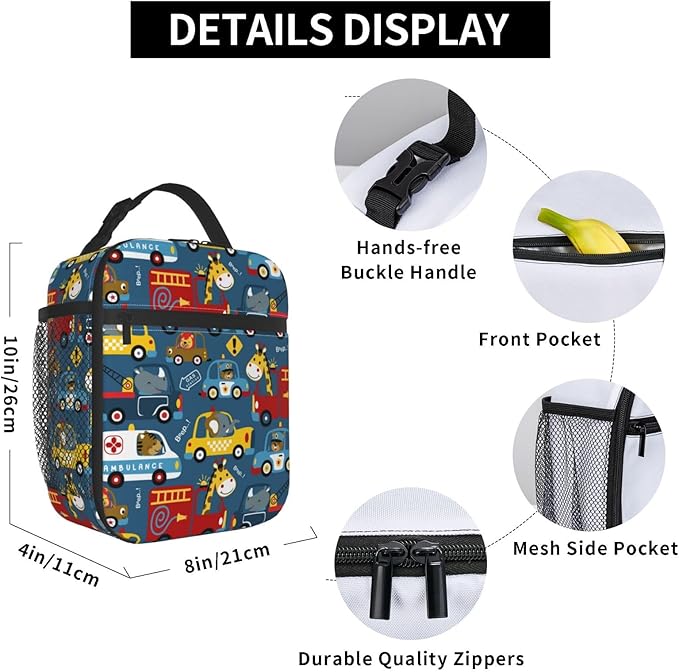 Insulated Lunch Box for Toddler Boys Kids Cars Lunch Box for Work,Picnic,School,Travel,Hiking,Beach or Fishing Polyester Funny Animal Driver Cars Theme Lunch Bag