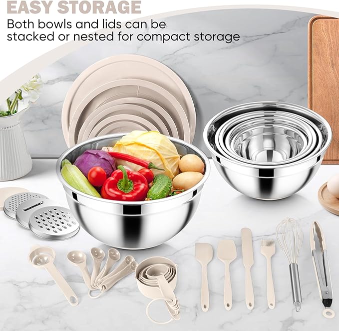 E-far 25PCS Mixing Bowls with Lid Set, Stainless Steel Nesting Prep Bowls with Grater Attachments Kitchen Gadgets Non-Slip Bottoms for Cooking, Serving, Food Storage, 4.6/2.6/2/1.5/1/0.7QT - Khaki