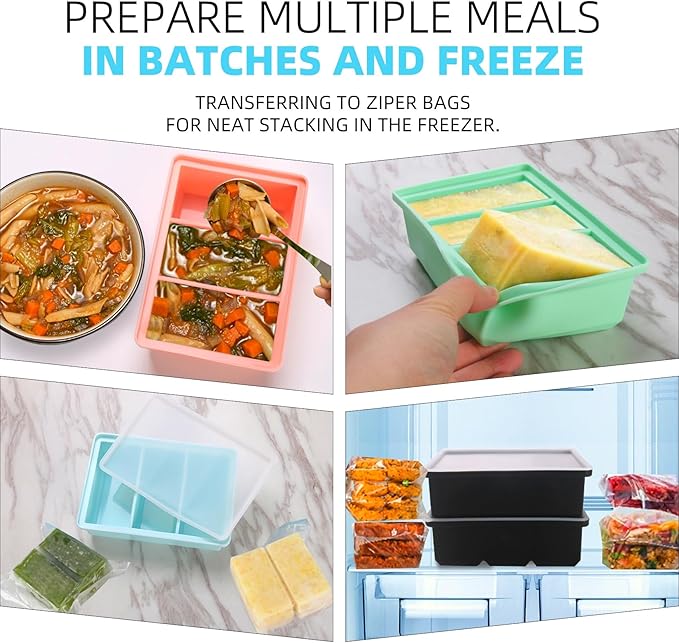 Silicone Freezer Tray with Lid - 1 Cup Silicone Food Freezer Tray - Large Ice Cube Freezer Molds - Soup, Sauce, leftovers, Homemade Meal Prep Freezing Kitchen Storage Containers - Multicolor - 8-Pack