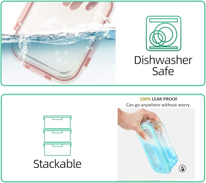 Glass Containers BPA-Free Locking Lids - 6 Pack, Premium Meal Prep Containers, Leakproof, Airtight, Microwave, Oven, Freezer, Dishwasher Safe, Ideal for Lunch, Kitchen, and Food Storage (Set of 6)