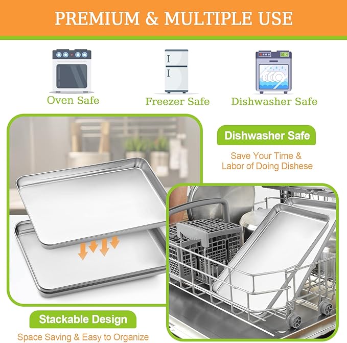 Quarter Sheet Pan Set of 4, CEKEE Stainless Steel Baking Sheet & Cookie Sheets for Baking, Baking Sheet Pan Oven Tray, Heavy Duty & Easy Clean Baking Pans Set - Size 12 x 10 x 0.98 Inch