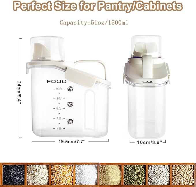 1 Piece Cereal Storage Container, 51oz/1.5L Compact Dry Food Storage Containers with Pouring Spout Measuring Cup for for Rice Nuts Beans Pet Food Snacks Candies, BPA Free, 1 PC