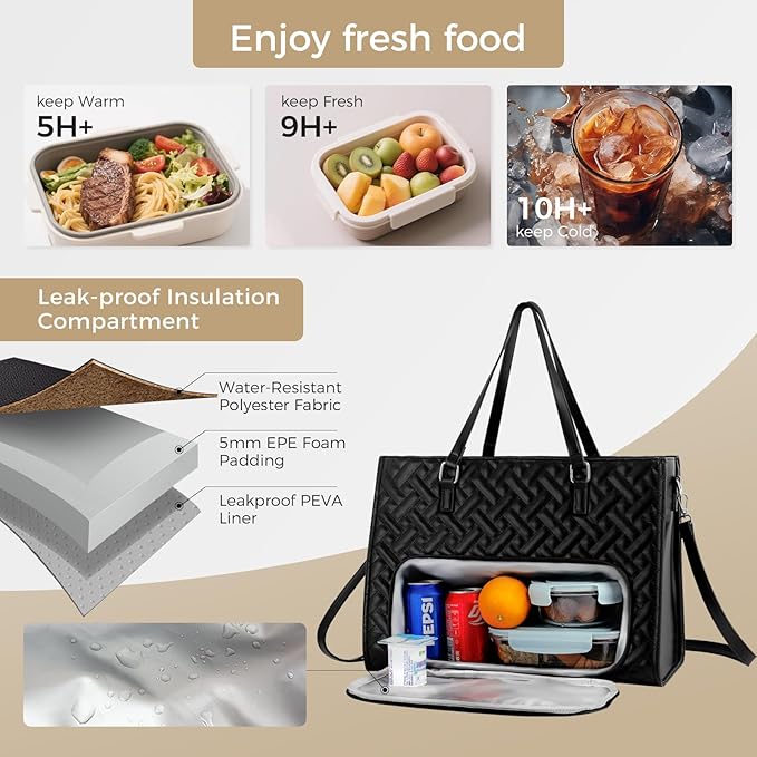Lunch Tote Bag for Women, 15.6 inch Work Laptop Bag with Insulated Lunch Compartment - PU Leather Quilted Large Computer Handbag with Purse for Office Travel Casual - Black