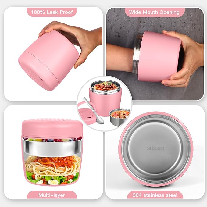 Thermo for Hot Food 32oz, Vacuum Insulated Food Jar for Adults, Stainless Steel Soup Thermo Wide Mouth Leakproof Lunch Containers with Spoon for School Office, Pink