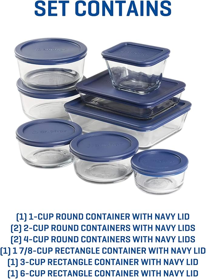 Anchor Hocking 16 Piece Glass Storage Containers with Lids (8 Glass Food Storage Containers & 8 Navy Blue SnugFit Lids)