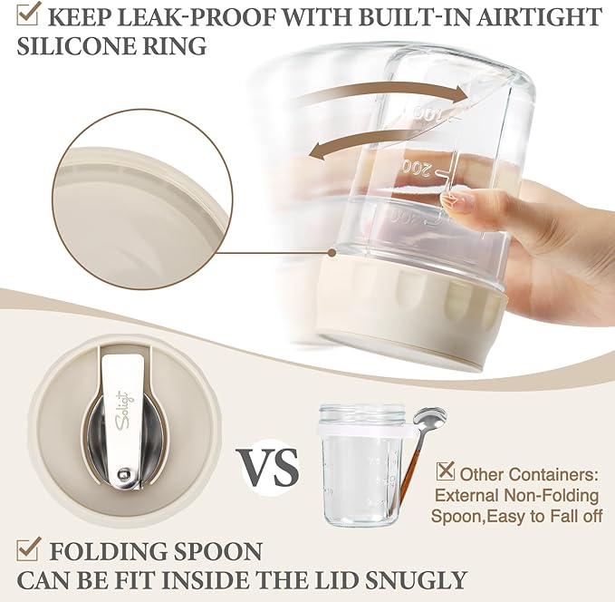 SOLIGT 2 Pack Overnight Oats Containers with Lids, Folding Spoons and Divided Compartments for Fruit & Nuts, Small Glass 16oz Mason Jars for Oatmeal Yogurt Parfait (2 Set-Oat White/Rose Pink)
