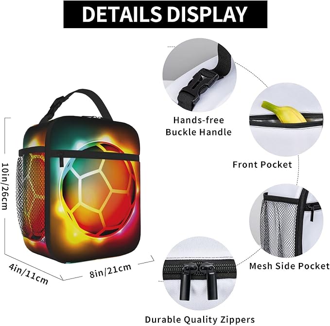 SARA NELL Cool Colorful Growing Fireball Lunch Box Soccer Lunch Bag Insulated Reusable Portable Lunch Tote Cooler Bag for Women Men Teens Kids, Office Work School Travel Lunchbox