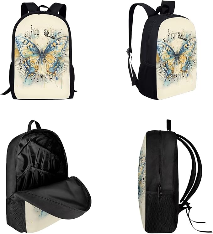 Dolyues Vintage Butterfly 3-Piece Girls Backpack Set - Cute 17-Inch School Backpack with Lunch Box & Zipper Pencil Case or Students & Outdoor Adventures
