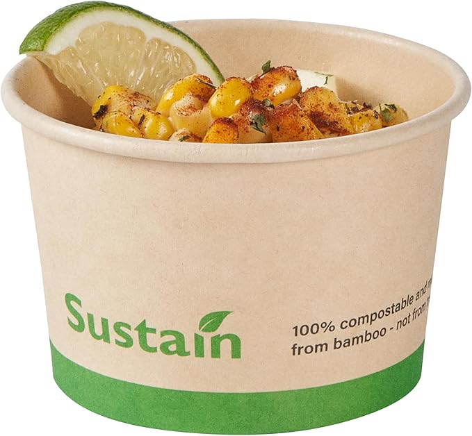 Restaurantware-Sustain 4 Ounce Paper Soup Containers, 50 Disposable Ice Cream Cups - Lids Sold Separately, With PLA lining, Bamboo To Go Hot Soup Bowls, Compostable, Greaseproof