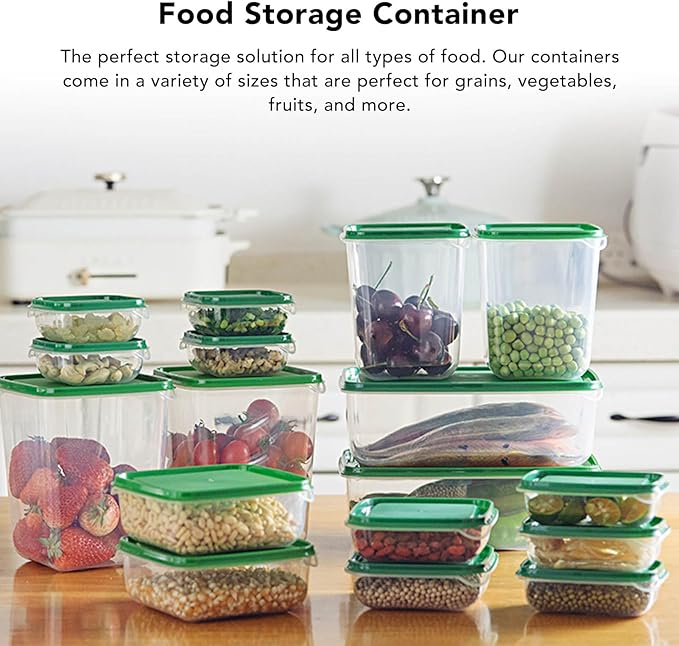 17PCS Food Container Green Fridge Bins, Leakproof Food Grade Plastic Various Sizes with Lid for Leftover Meals