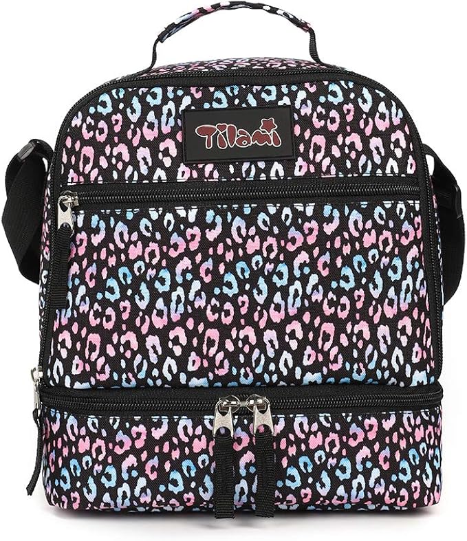 Tilami Lunch Bags Insulated Adjustable Strap Zipper, Two Compartments Cooler Bags, Bento Bags for Kids Toddlers, Colorful Leopard
