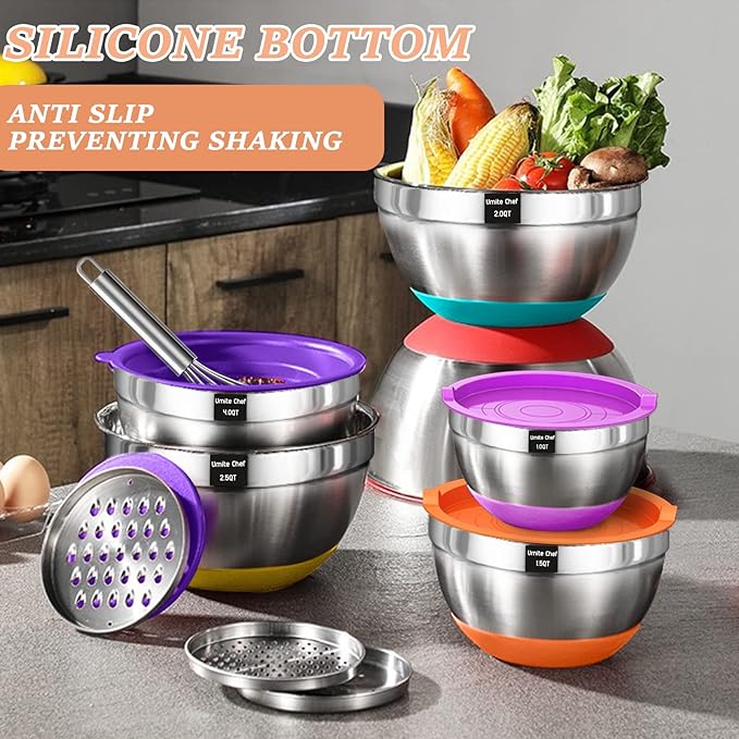 Umite Chef Mixing Bowls with Airtight Lids, 26Pcs Stainless Steel Bowls Set, 3 Grater Attachments & Colorful Non-Slip Bottoms Size 7, 4, 2.5, 2.0,1.5, 1QT, Great for Mixing & Serving