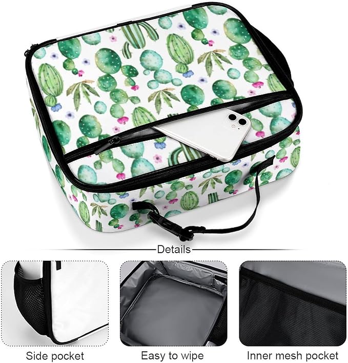 Watercolor Cactus Reusable Lunch Box Insulated Lunch Bag Cooler Bag Lunchbox Meal Food Container Tote Bag for Women Kids Girls School Camping Hiking Picnic Beach Travel