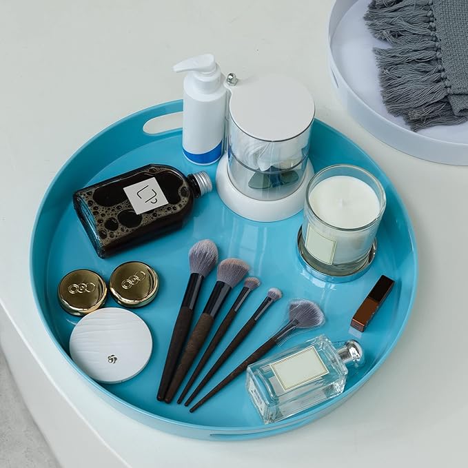 LEHAHA Large Round Serving Tray with Handles, Large Melamine Serving Tray for Coffee Table, Serving Food and Beverages, Modern Round Decorative Trays for Home/Bathroom Décor. Set of 2,Teal and White