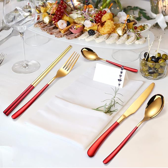 AARAINBOW 6 Pieces Stainless Steel Flatware Set Portable Reusable Cutlery Set Travel Utensils Set Including Chopsticks Knife Fork Spoon Straws Cleaning Brush Dishwasher Safe (7 Red Golden)