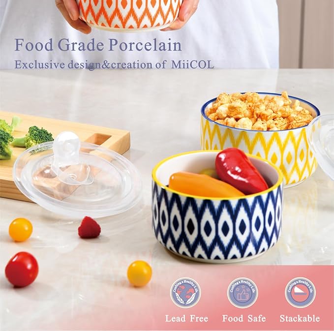 Miicol Ceramic Bowls with Lids Set of 4, Food Storage Containers 20 Oz, Porcelain Serving Bowls 5 Inch, Colorful Mixing Bowl, Kitchen Bowl for Meal Prep, Picnic, Lunch
